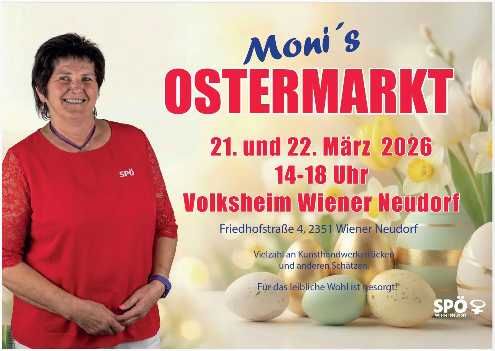 Plakat: Moni’s Ostermarkt am 21. und 22. März 2026 im Volksheim Wiener Neudorf