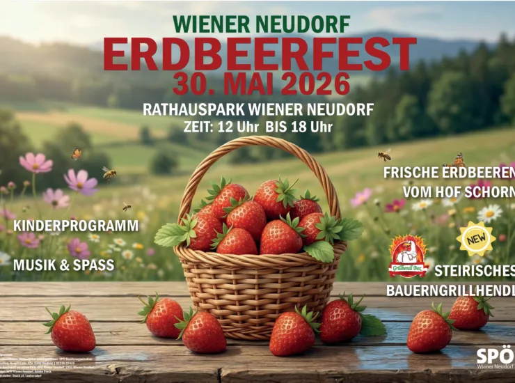 Plakat: Erdbeerfest Wiener Neudorf am 30. Mai 2026 im Rathauspark